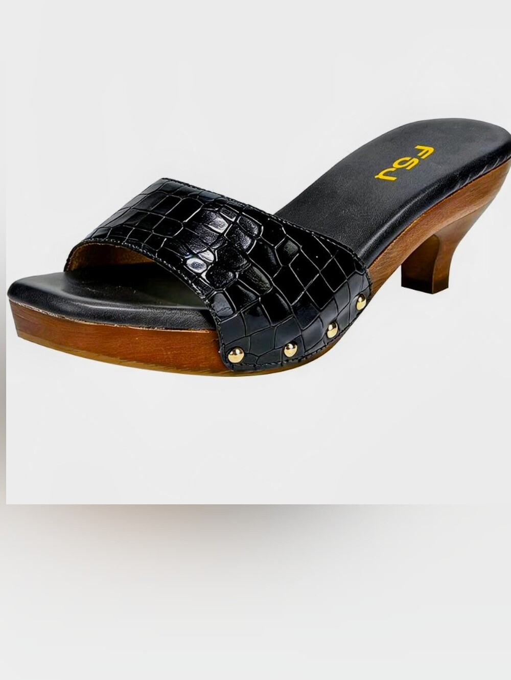 FSJ Kitten Heels Mules Wooden Soles Crocodile Leather Womens Size 14 EU Size 44